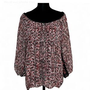 BLACK RAINN Black & Red Geometric Blouse XL, 3/4 Sleeve Off-The Shoulder 2Prints